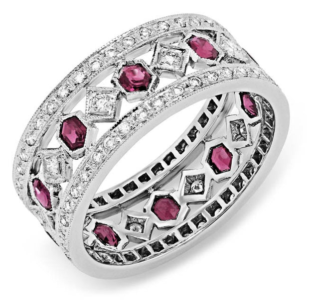 Diamond and Custom Cut Pink Sapphire Ring, Hand Engraved and Mill Grained