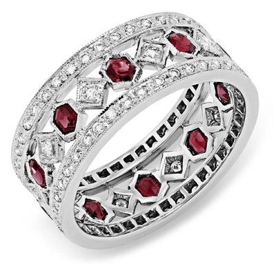 Diamond and Custom Cut Ruby Ring, Hand Engraved and Mill Grained