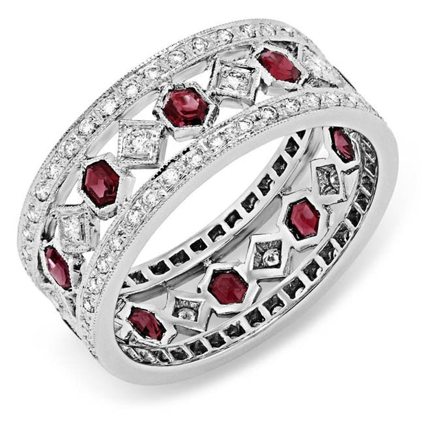 Diamond and Custom Cut Ruby Ring, Hand Engraved and Mill Grained