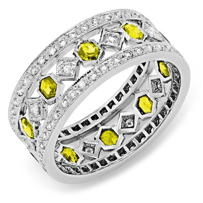 Diamond and Custom Cut Yellow Sapphire Ring, Hand Engraved and Mill Grained