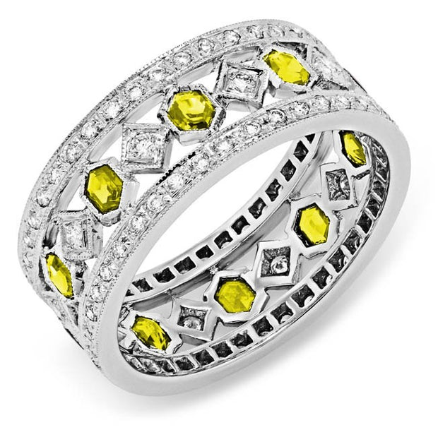 Diamond and Custom Cut Yellow Sapphire Ring, Hand Engraved and Mill Grained
