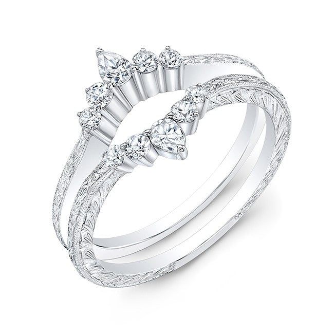 Curved Diamond Wedding Guard Band, High Polished on One Side and Engraving on the Other.