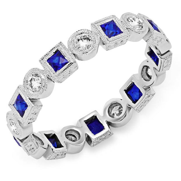 Fine Millgraining Accents Bezel Wrapped Diamond and Blue Sapphire Ring