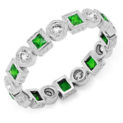Fine Millgraining Accents Bezel Wrapped Diamond and Tsavorite Ring