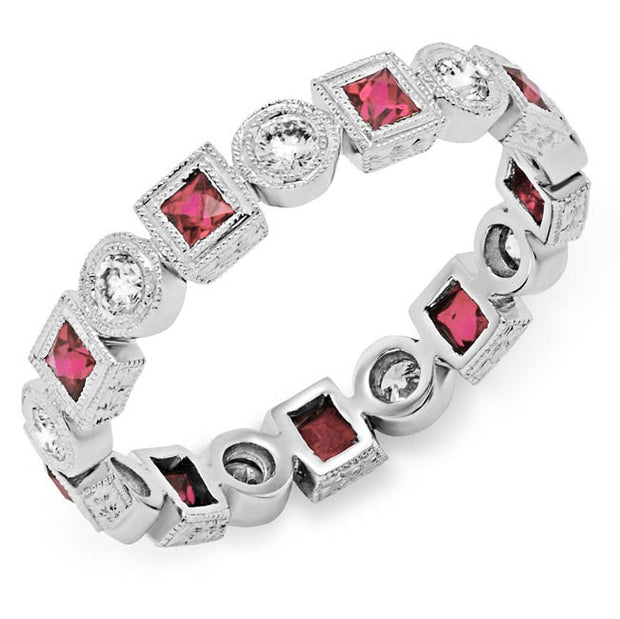 Fine Millgraining Accents Bezel Wrapped Diamonds and Pink Sapphire Ring