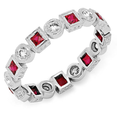 Fine Millgraining Accents Bezel Wrapped Diamonds and Ruby Ring
