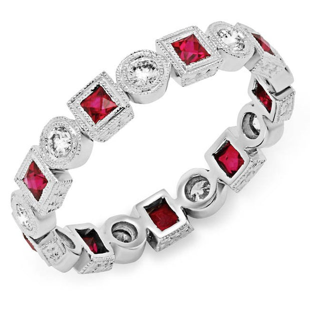 Fine Millgraining Accents Bezel Wrapped Diamonds and Ruby Ring