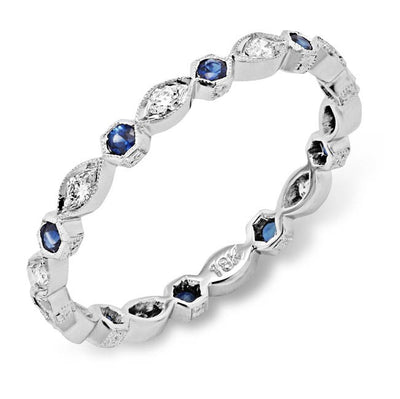 Hand Mill Grained Diamond and Blue Sapphire Stackable Ring