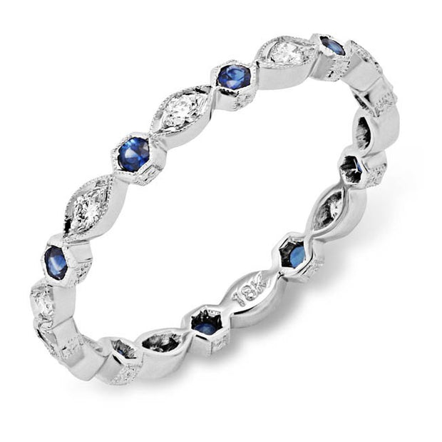 Hand Mill Grained Diamond and Blue Sapphire Stackable Ring