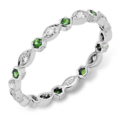 Hand Mill Grained Diamond and Tsavorite Stackable Ring