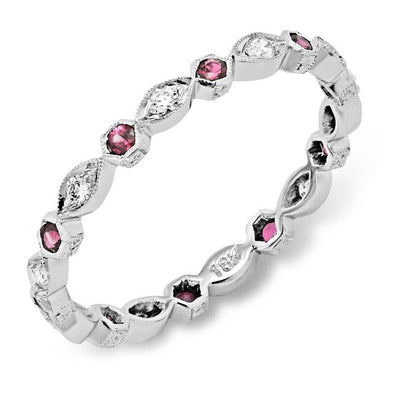 Hand Mill Grained Diamond and Pink Sapphire Stackable Ring