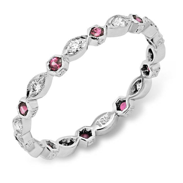 Hand Mill Grained Diamond and Pink Sapphire Stackable Ring