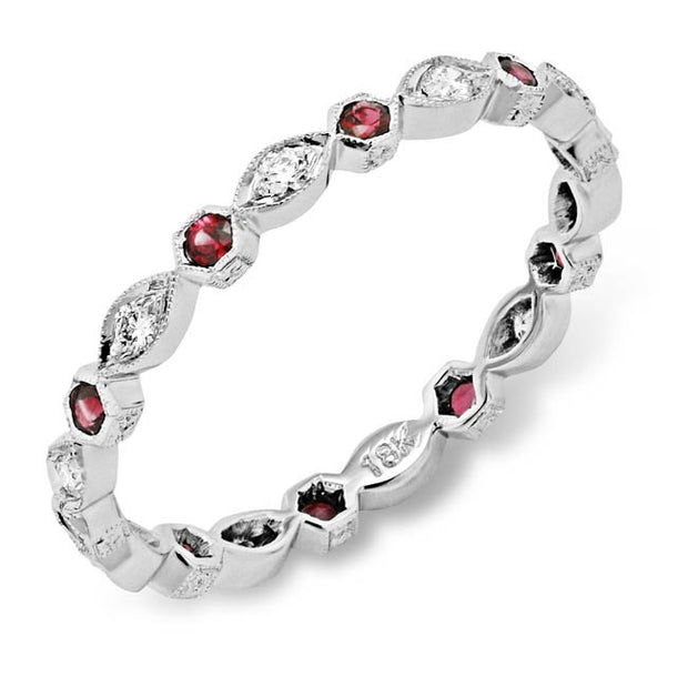 Delicate Mill Grained Diamond and Ruby Ring