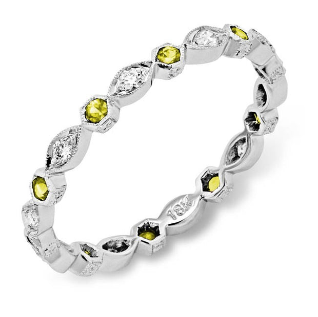Hand Mill Grained Diamond and Yellow Sapphire Stackable Ring
