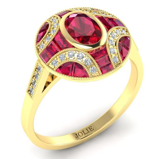 Antique Inspired Diamond & Custom Cut  Ruby Ring